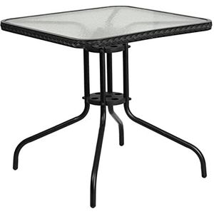 Flash Furniture Balkontafel met glasplaat �– rotan tafel voor tuin, balkon, buitengastronomie – klassieke tuintafel met rand van rotan – zwart