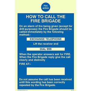 Viking Signs MF324-A6P-PV ""Fire Action How To Call The Fire Brigade"" teken, sticker, foto-luminescent, 150 mm H x 100 mm W