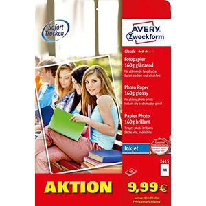 AVERY Zweckform 2415 Classic Inkjet fotopapier (40 vellen, 160 g/m², DIN A4-papier, eenzijdig gecoat, glanzend, wit, voor het afdrukken van foto's op inkjetprinters, direct drogen)