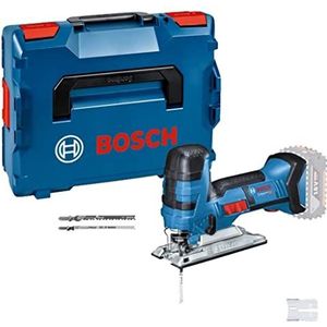 Bosch Professional 18V System accudecoupeerzaag GST 18 V-LI S (staafversie, zaagdiepte in hout/alu/metaal: 120/20/8 mm, 3x decoupeerzaagblad, antisplinterplaatje, zonder accu's en oplader, in L-BOXX)