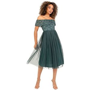 Maya Deluxe Bardot-jurk voor dames, midi-jurk met hoge taille en pailletten, versierd, formeel evenement voor bruiloft, gast, bruidsmeisjesjurk, emerald green, 40