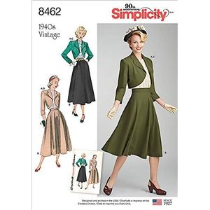 Simplicity 8462Pattern 8462 Vintage damesblouse, rok en gevoerde bolero, papier, wit, H5 (6-8-10-12-14)