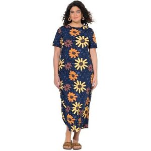 Ulla Popken Dames jersey maxi-jurk met zonnebloemenprint jurk, marineblauw, 46-48