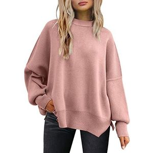 LILLUSORY Oversized damestruien met vleermuismouwen, herfst-outfits, trendy ronde hals, gebreid, met zijsplit, modieuze pullover-tops, roze, L