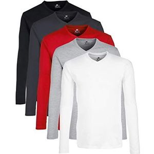 Lower East Heren Shirt met lange mouwen, V-hals, Wit/zwart/rood, set van 5, XL
