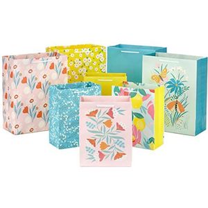 Hallmark Lente geschenkzakjes in verschillende maten (8 zakken: 4 medium 9 inch, 4 grote 13 inch) bloemen, citroen, blauwgroen, roze en geel voor verjaardagen, Moederdag, Pasen, bruidsdouches