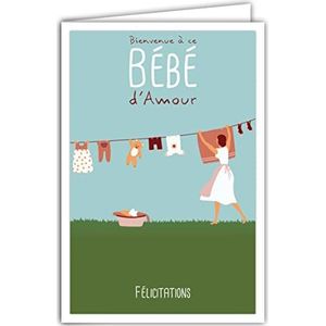 Afie 69-4335 wenskaart voor geboorte, meisjes, welkom bij deze Baby d'Amour met envelop voor ouders, moederposter, formaat 17 x 11,5 cm, pluche waslijn, retro vintage