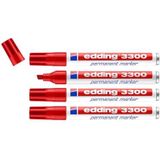 edding 3300 permanent marker - rood - 4 stiften - beitelpunt 1-5 mm - sneldrogende permanent marker - water- en wrijfvast - voor karton, kunststof, hout, metaal - universele marker