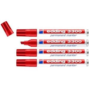 edding 3300 permanent marker - rood - 4 stiften - beitelpunt 1-5 mm - sneldrogende permanent marker - water- en wrijfvast - voor karton, kunststof, hout, metaal - universele marker