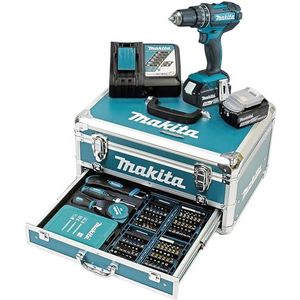 Makita DHP482RFX9 slagboorschroevendraaier 18 V/3,0 Ah, 2 accu's plus oplader in aluminium koffer, petrol, 96-delig. Accessoireset