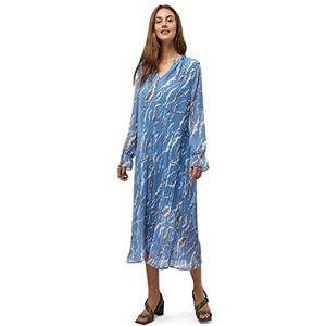 Minus Dames Rikka Mia V-hals lange jurk, denim blauw grafische print, 16