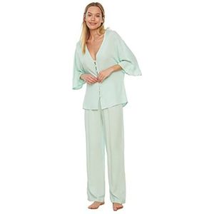 Trendyol Vrouwen Mint Handvatten Frilly Viscose Geweven Pyjama Set, Munt, 64