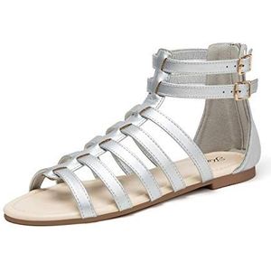 katliu Riempjessandalen voor dames, platte Romeinse sandalen, zomer, leer, Bohemian strandsandalen, zilver, 38 EU