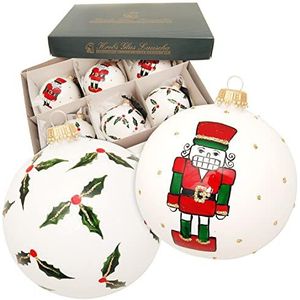 Dekohelden24 Lauschaer Kerstboomversiering-set van 6 glazen ballen wit mat met notenkraker en steekpalmdecoratie, mondgeblazen en handbeschilderd, met gouden kroontjes, diameter ca. 8 cm