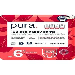 Pura Eco-vriendelijke luierbroekjes maat 6 (14+ kg) 6 x 18 per pak 108 duurzame baby- en peuterbroekjes, gemakkelijk aan en uit te trekken