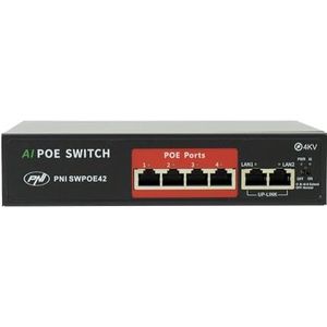 Switch POE PNI SWPOE42, 4 POE 100 Mbps poorten en 2 UP Link 100 Mbps poorten, 65W, AI Extend-functie tot 250m, 4kV bliksembeveiliging
