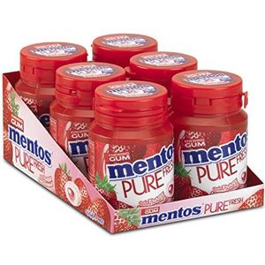 Mentos Pure Fresh Strawberry, suikervrije kauwgom �– verpakking van 6 potjes met 30 kauwgoms, aardbeismaak met groene thee extract