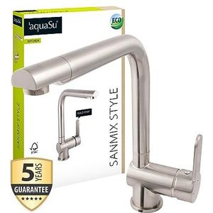 AquaSu® wastafelarmatuur Sanmix Style, eengreepsmengkraan met waterbesparende cartridge, koudstartfunctie, kraan voor gootsteen, draaibare uitloop, bevestiging van boven, messing kern, roestvrij