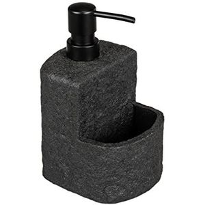 WENKO Zwarte afwasmiddeldispenser Festival Stone, navulbare zeepdispenser in steenlook van hoogwaardig kunsthars voor in de keuken, extra vak voor de afwasspons, inhoud 380 ml, 10,5 × 18 × 11 cm