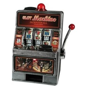 Spaarpot in de vorm van een speelautomaat met muziek en verlichting, met machine-design, werkt op batterijen, kunststof, 33 x 29,5 x 42 cm, zwart, rood en zilver