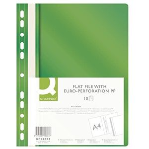 Q-CONNECT KF15664 plastic snelhechtmappen A4 groen / 10 stuks / plastic mappen / geperforeerde nietmachine met etiketstrepen / met transparant deksel / met perforatie / Europerforatie