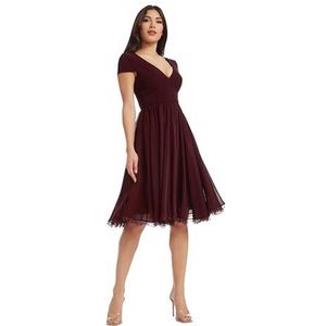 Dress the Population Women's Corey Plunging Mix Media Cap Sleeve A-line Midi Dress Dress, Burgundy, M