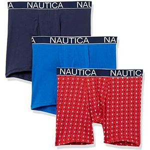 Nautica Heren Boxershorts, katoen, stretch, 3 stuks retroshorts, Peacoat/Sea Cobalt/Anchor Print Rood, Large