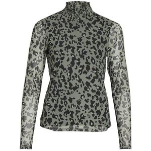 Vila Vivolette Leo L/S High Neck Top/Lc shirt met lange mouwen voor dames, Oliegroen/Aop: luipaard/zwart, M