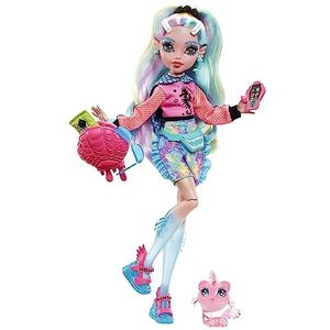 Monster High Pop, Lagoona Blue met accessoires en piranha als dierenvriendje, beweegbare modepop met kleurrijk gestreept haar, HHK55