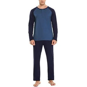 Sykooria Heren pyjama lange mannen warm katoen winterpyjama tweedelige set lange mouwen en pyjamabroek met zakken, Kobaltblauw + marineblauw, S