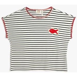 Koton T-shirt met ronde hals en korte mouwen voor meisjes, Ecru Stripe (0S1), 6-7 Jaar