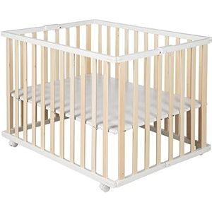 roba Opvouwbare box, 75 x 100 cm, ruimtebesparende en opvouwbare babybox, mobiel kruiprooster incl. wielen, 2-voudig in hoogte verstelbaar, hout bicolor