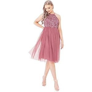 Maya Deluxe Dames Midi Jurk met houder Nek Tulle voor Evening Afstuderen Prom Bruiloft Bruidsmeisjesjurk, desert roze, 54 NL