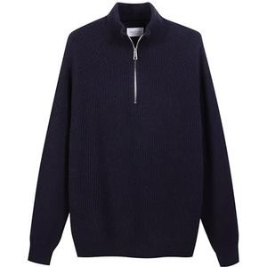 Diana Studio - Trui met halve ritssluiting, effen, heren, wol, lange mouwen, regular fit, Blauw, L