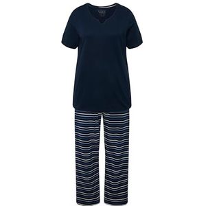 Ulla Popken - 830405 - Pyjamaset - Zwart - Effen T-shirt met Tuniekkraag en Lange Rechte Broek met Strepen