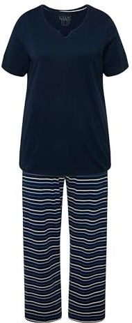 Ulla Popken - 830405 - Pyjamaset - Zwart - Effen T-shirt met Tuniekkraag en Lange Rechte Broek met Strepen