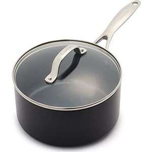 GreenPan Valencia Pro Harde Geanodiseerde Gezond Keramisch Antiaanbaklaag 18 cm / 2 Liter steelpan met deksel, PFAS-Vrij, Inductie, Vaatwasmachinebestendig, Ovenveilig, Grijs