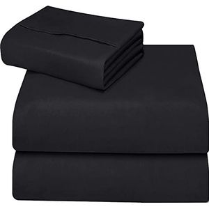 ComfyWell Dubbel laken hoeslaken - hoeslaken dubbel diepe pasvorm (35 cm) - zacht geborsteld microvezel stof zwart beddengoed - krimp- en vervagingsbestendig. (dubbel (135 x 190 cm), zwart)