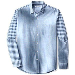 Amazon Essentials Men's Casual poplin overhemd met normale pasvorm en lange mouwen, Blauw Wit Geruit, L