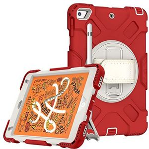 Beschermhoes voor iPad Mini 4/5 7,9 inch (17,9 cm), robuuste beschermhoes met 360 graden draaibare standaard, verstelbare polsband & penhouder – off-white + rood