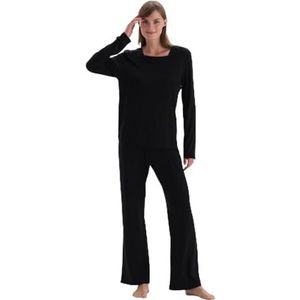 Dagi Dames kraag gedetailleerde lange mouwen gebreid T-shirt en broek pyjama set, zwart, XXL, Zwart, XXL
