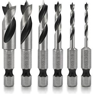 NEIKO 11401A 6-delige Brad Point Boor Set, Stubby Boor Set voor Hout, 1/4"" Quick Change Hex Shank, HSS 4241 High Speed Staal voor Quick Change Chucks en Drives, Boor Houder Inbegrepen