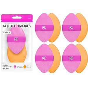 REAL TECHNIQUES 4 Pack Miracle 2-in-1 poederdonsjes, dubbelzijdige make-up blending puff, omkeerbare elastische band, precisie-make-upspons en poederdons, voor vloeistof, crème en poederproducten