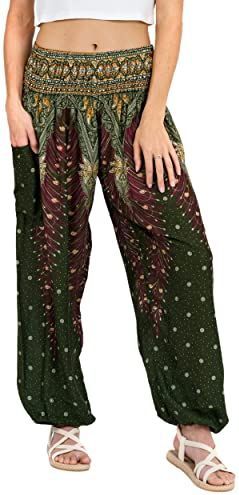 LOFBAZ Harembroek voor Vrouwen Yoga Boho Hippie Kleding Dames Palazzo Bohemien Pyjama Strand Indiase Zigeuner Genie Kleding Pauw 1 Groen XL