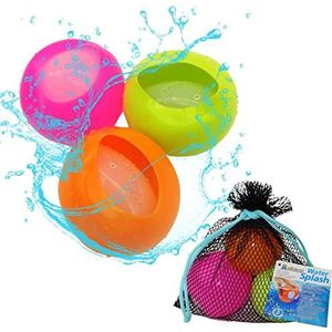 alldoro 63037 Water Splash 3-delige set waterbommen Ø 6 cm, herbruikbare en zelfsluitende waterballonnen voor tuin en strand, kinderen vanaf 3 jaar en volwassenen, oranje/groen/roze
