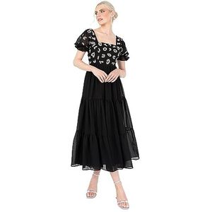 Lovedrobe Midaxi-jurk voor dames, met pailletten, versierd, korte pofmouwen, vierkante hals, A-lijn, voor avondfeest, cocktail, Zwart, 38