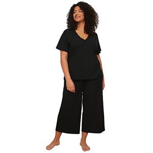 Trendyol Dames korte mouw V-hals zonder sluiting plus grootte pyjama set, Zwart, 6XL grote maten