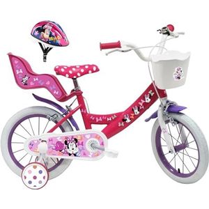 Kinderfiets 35,5 cm (14 inch) voor meisjes, Minnie/Disney uitgerust met 2 remmen, poppenhouder achter, mand voor en helm