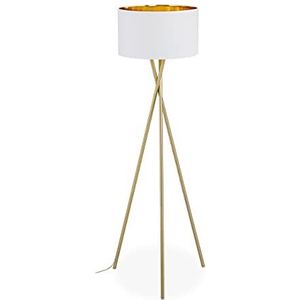 Relaxdays vloerlamp driepoot, met lampenkap van stof, HxØ 148,5 x 53,5 cm, E27, linnen & metaal, staande lamp, goud/wit