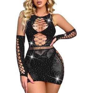 Sexy sprankelende strass bodysuit - rave exotische mesh outfits visnet club danskleding jumpsuit uitgesneden romper voor vrouwen, Zwart, One Size